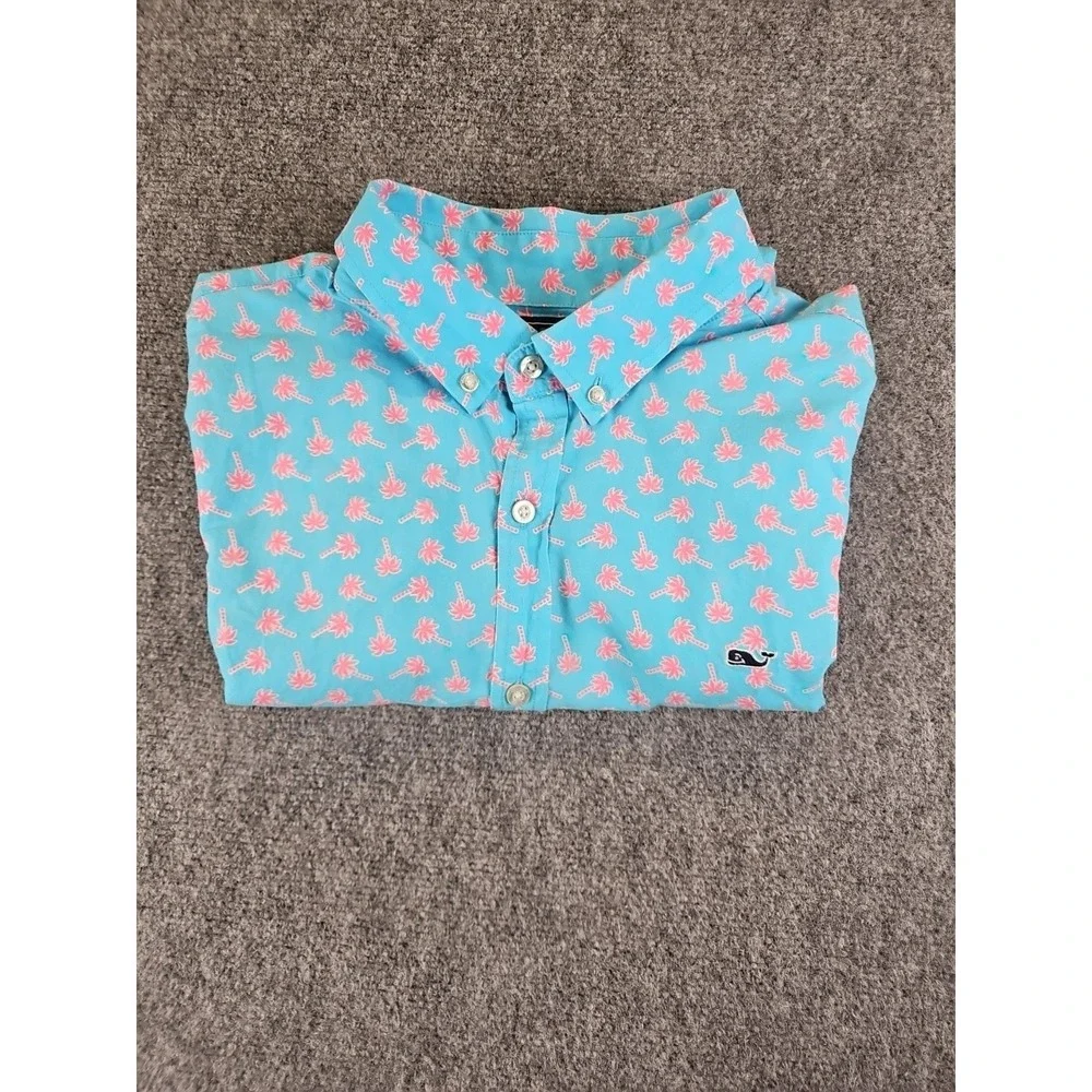 Vineyard Vines Mens L Slim Fit Whale Shirt Blue Pink PalmTrees Short Sleeve 1392 - Picture 3 of 13